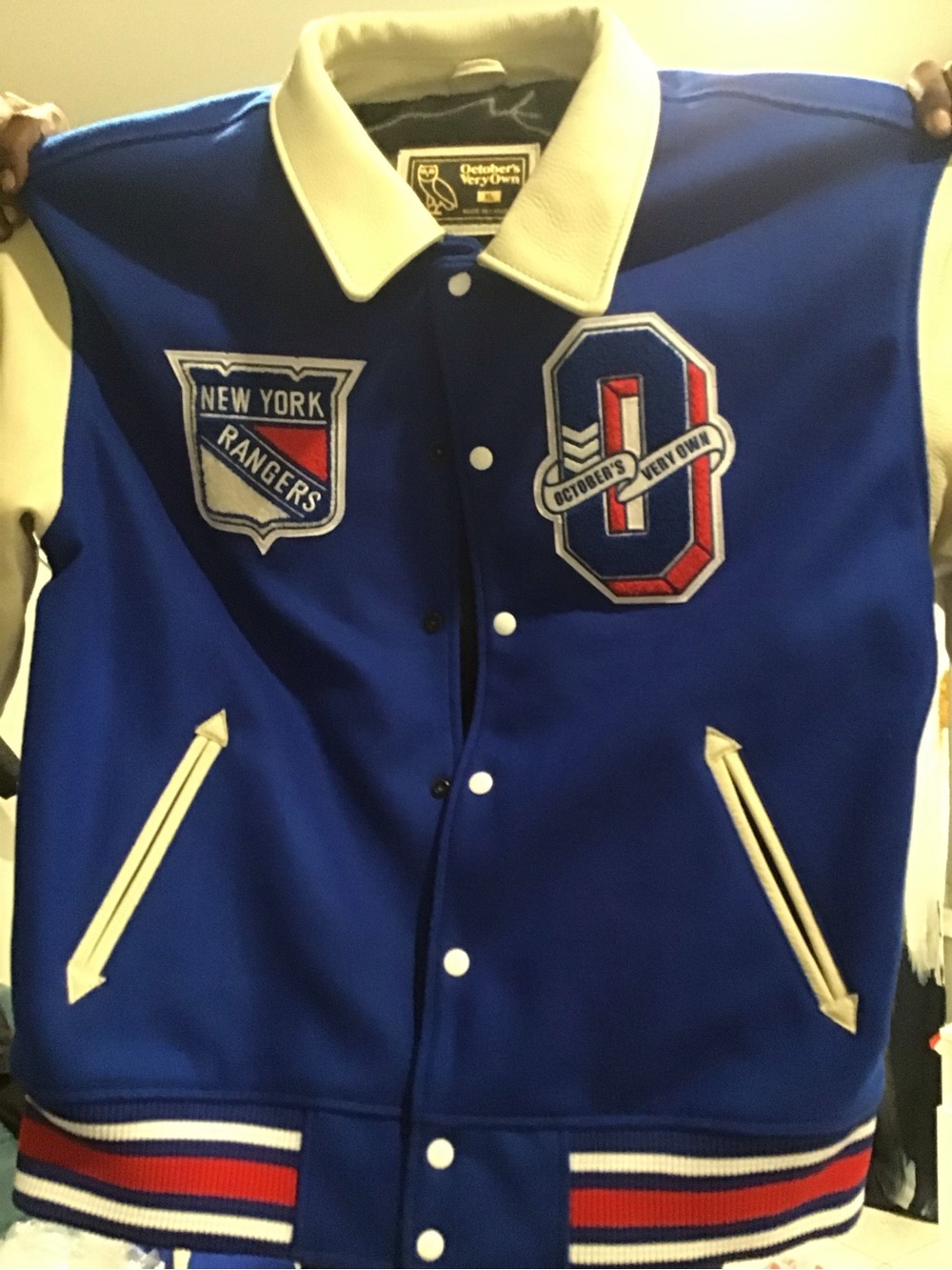 OVO Royal Blue and White Varsity Jacket with Red Accents